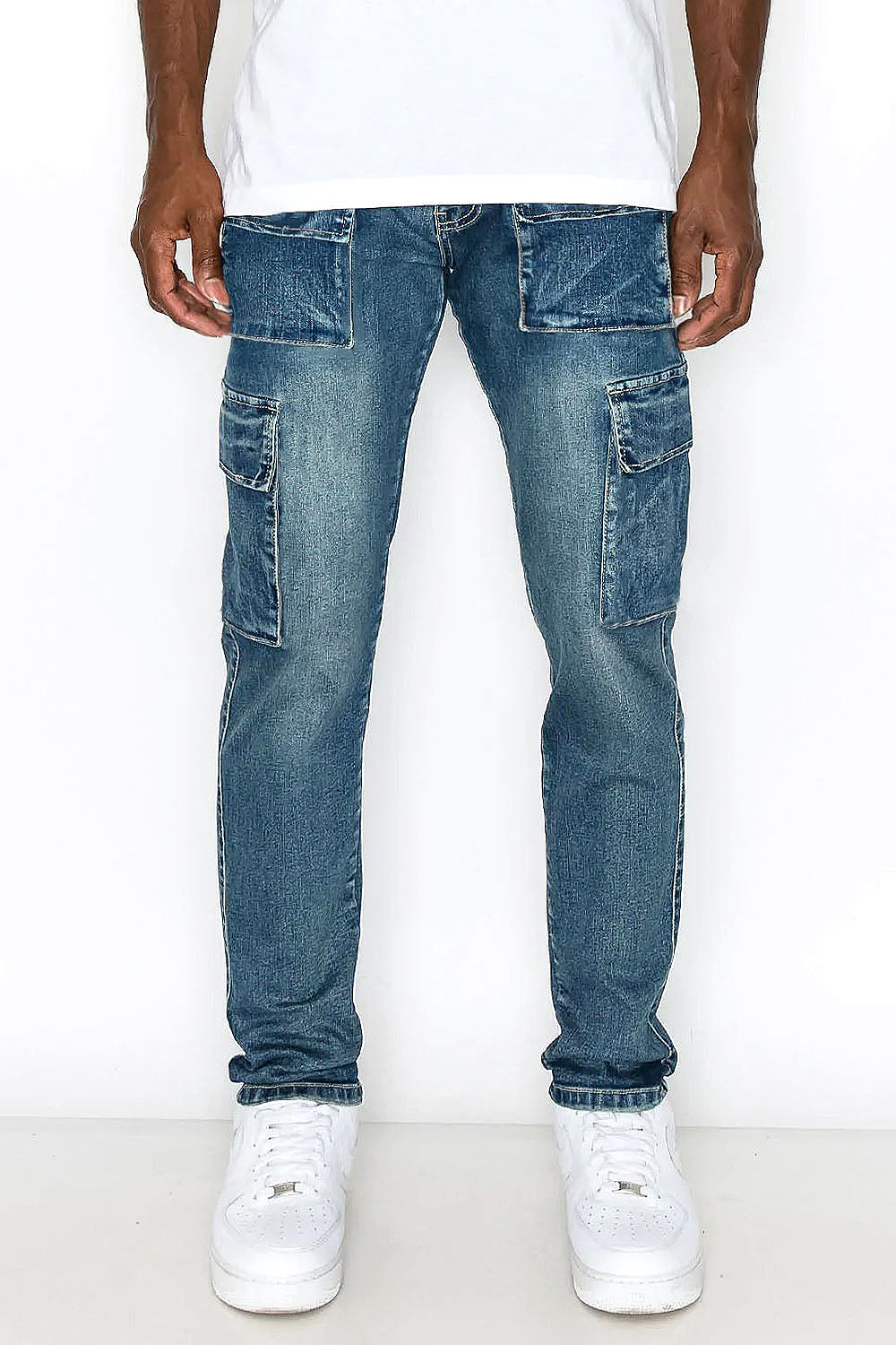 Fashion elastic side pocket jeans men's cargo pants