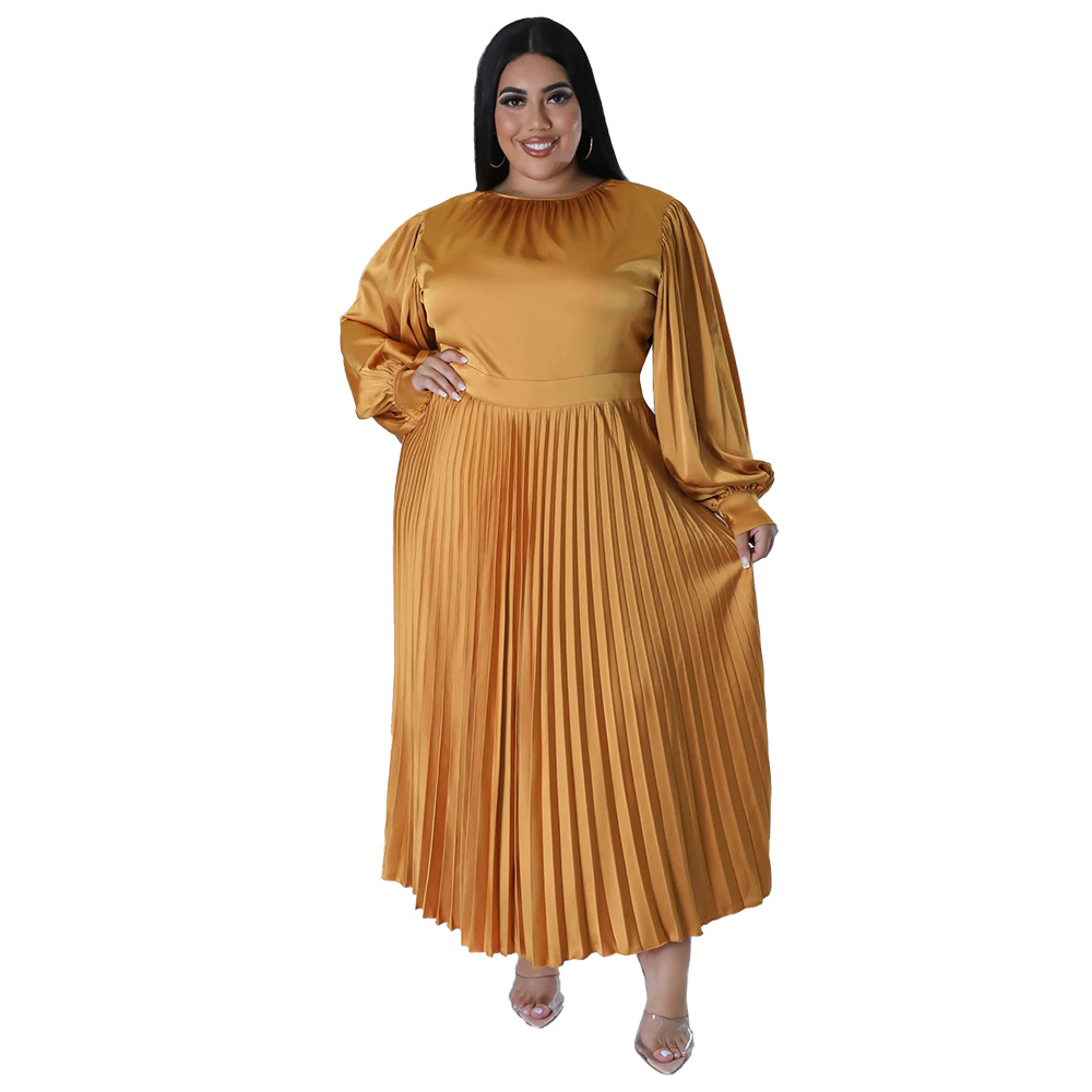 Plus Size Dress Amazon autumn and winter popular pleated round neck long dress long sleeve