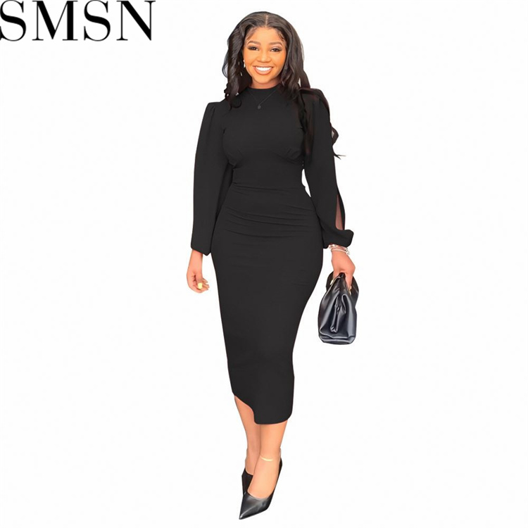 Plus Size Dress Fashion round Neck Long Sleeve Slim Party Dress Women