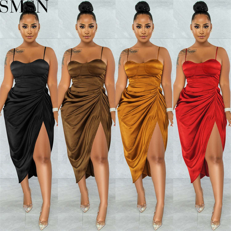 Evening Dresses 2022 Fashion solid color women sexy spaghetti straps chest wrap crimp split dress