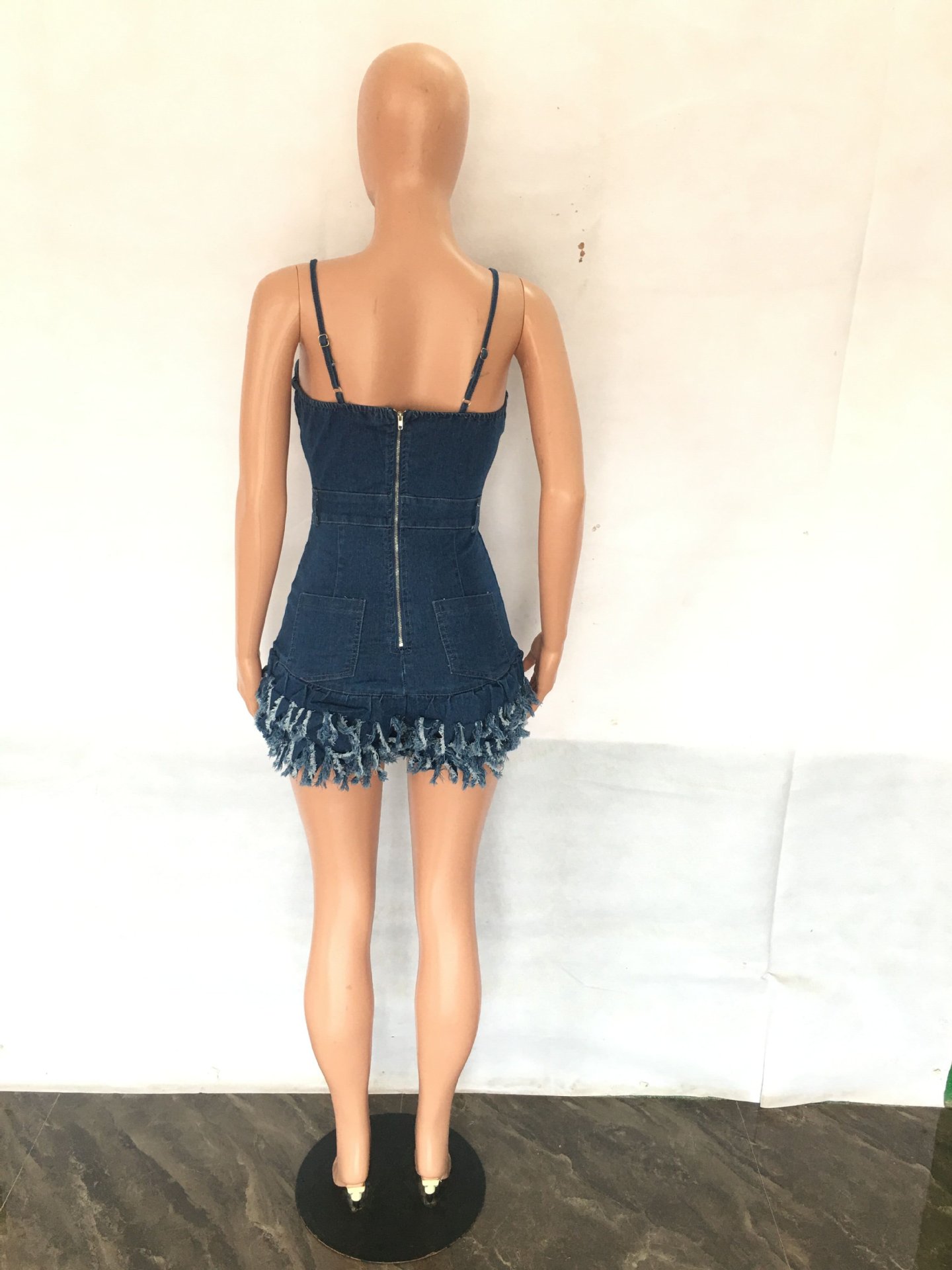 Fashionable suspender fringed raw edge denim jumpsuit