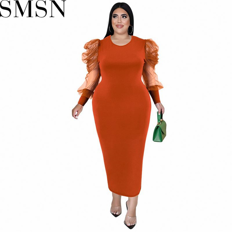 Plus Size Dress fall women clothing wholesale round neck long sleeve hit net dress