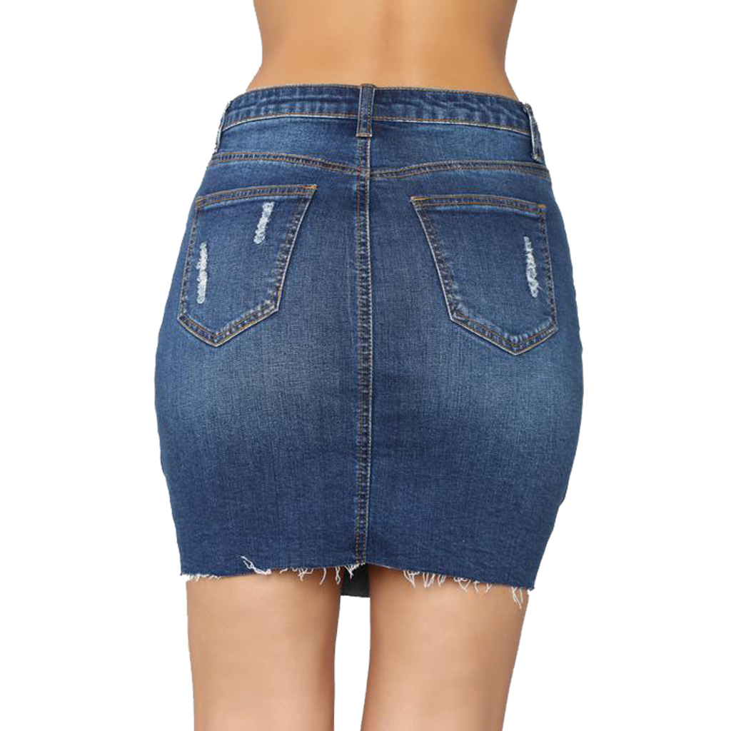 Fashion denim skirt with holes and buttocks