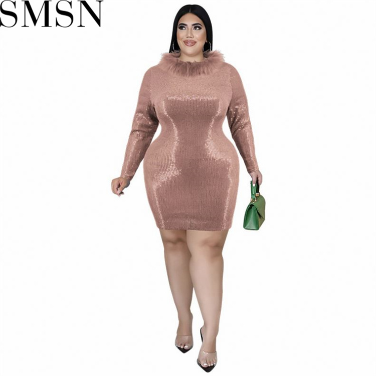 Plus Size Dress large size fall fur collar Velvet Bottom embroidered sequined dress