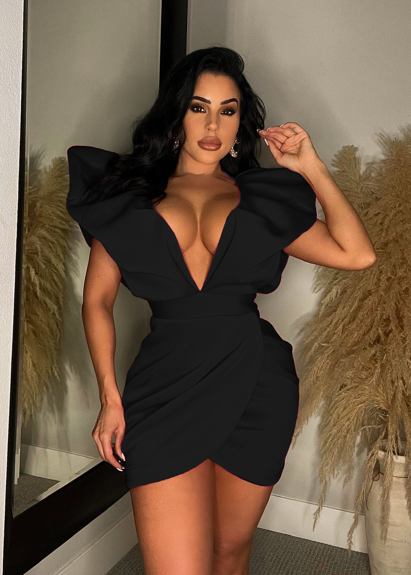 Fashion Ruffle Shoulder Deep V Sexy Lantern Sleeve Dresses For Women