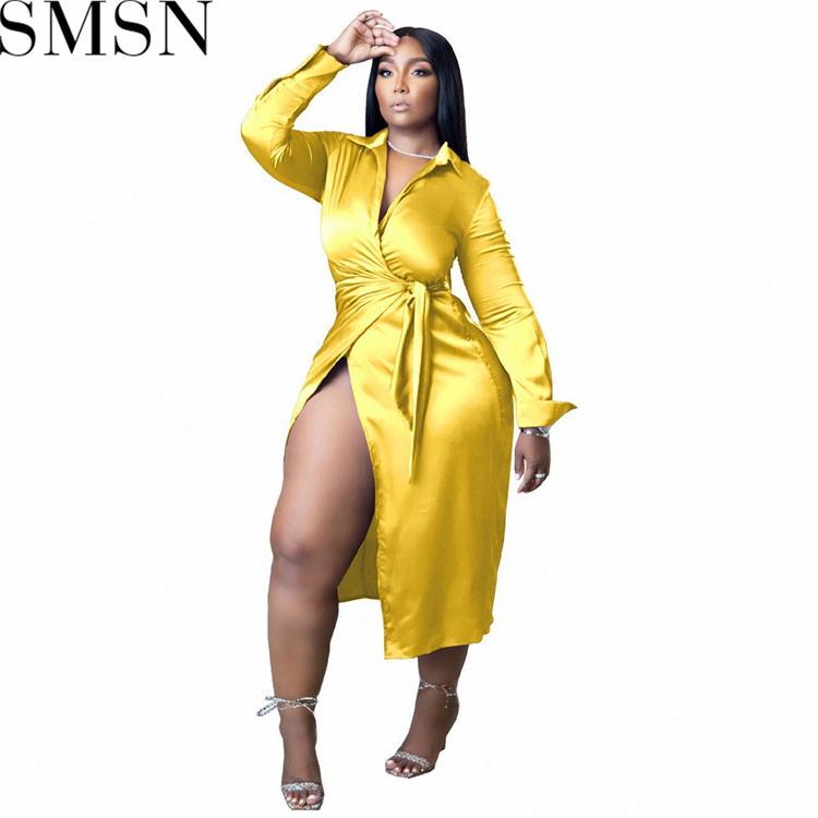Plus Size Dress Amazon new autumn and winter blouse collar stretch satin wrap dress