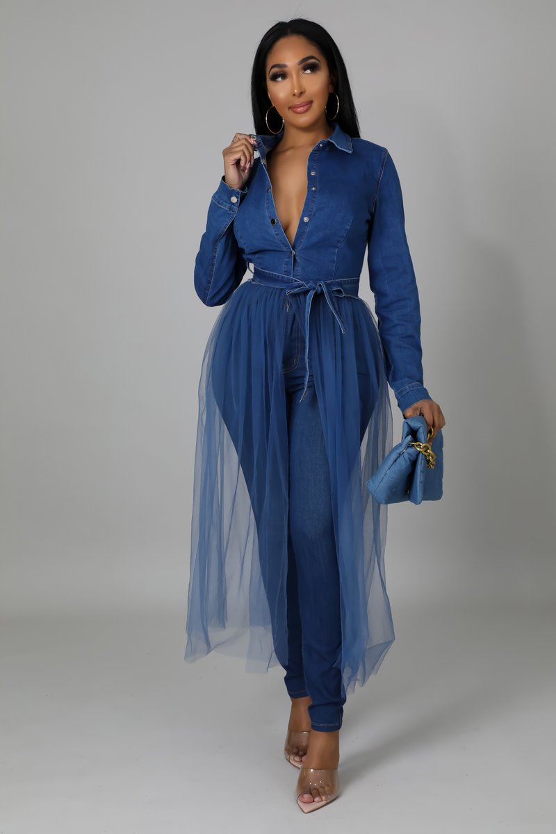 Denim stitched mesh long windbreaker