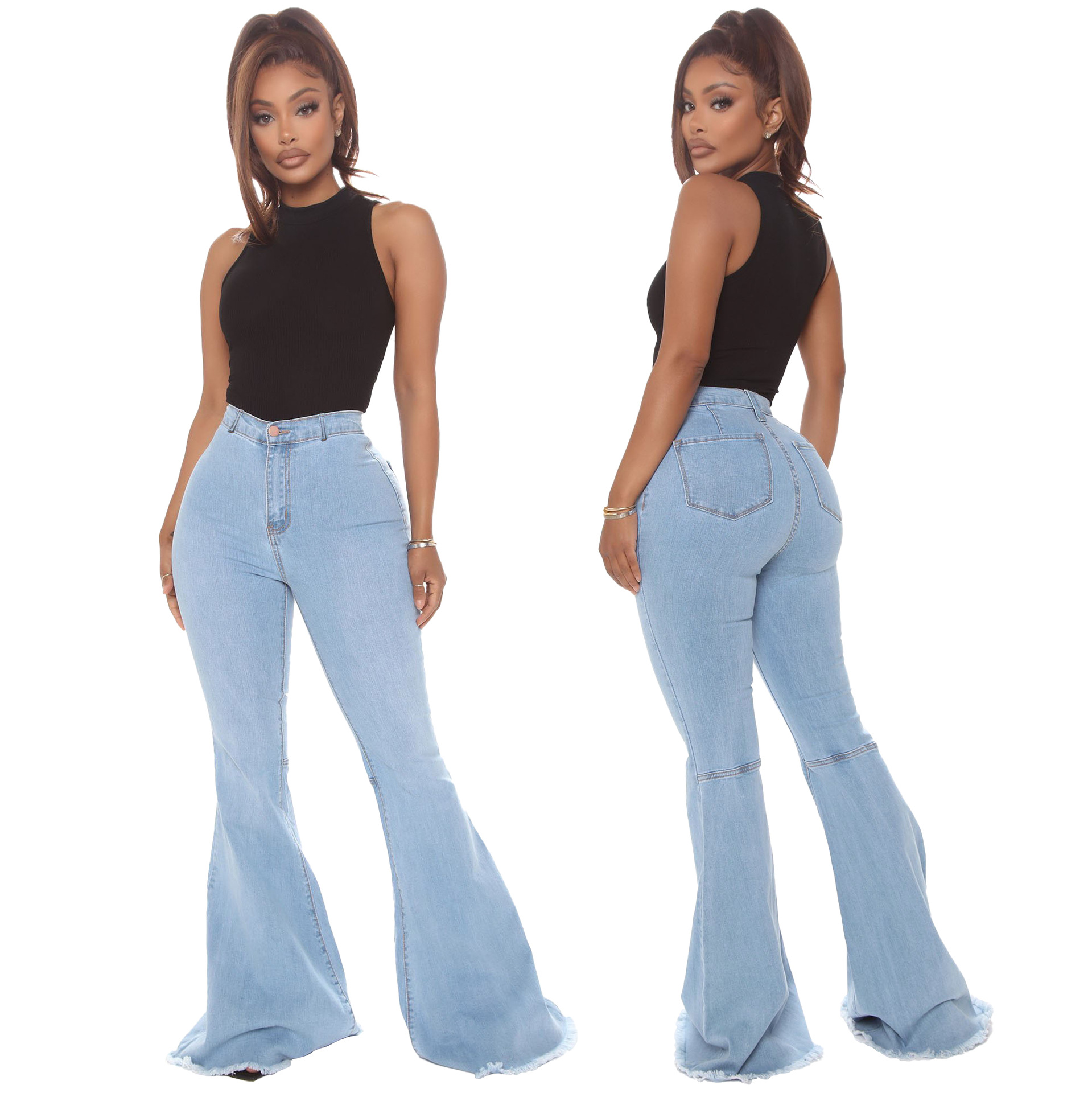 Fashion high waist elastic denim flared pants