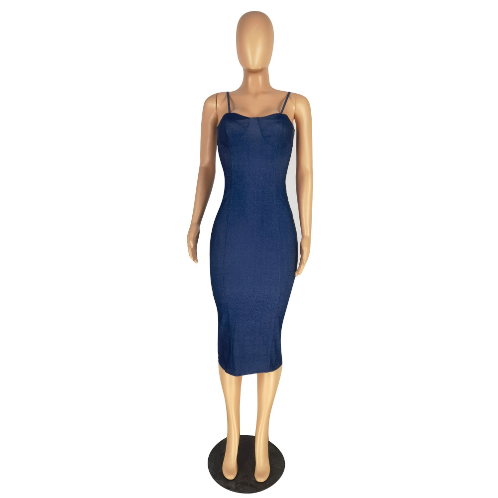 Suspender imitation denim dress