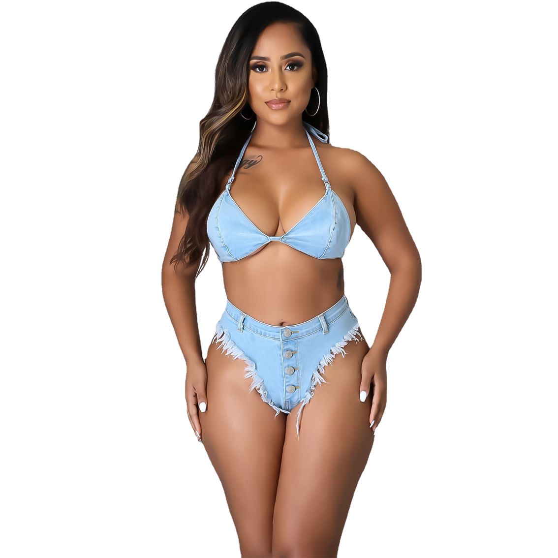 Bandage tassel sexy bikini denim suit