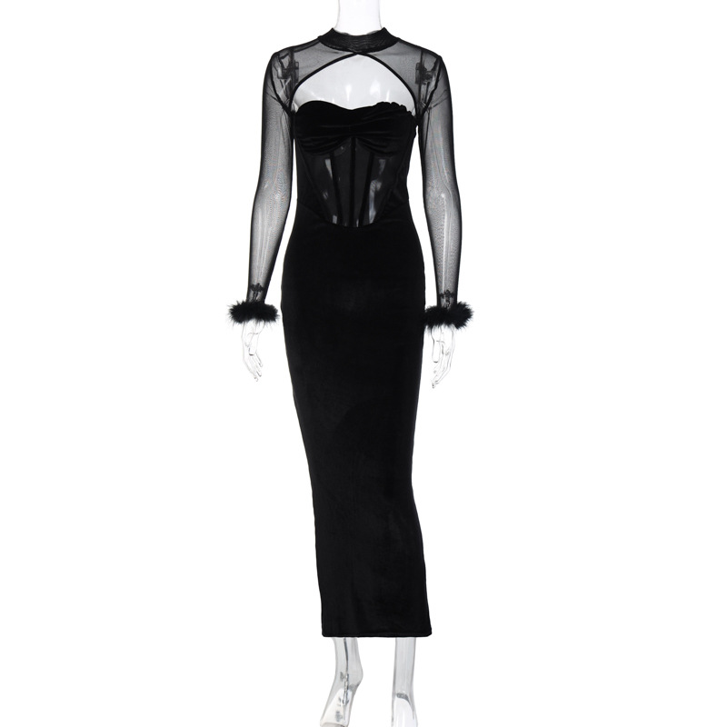 Plush Mesh Stitching Sexy Nightclub Style Hollow Out Long Skirt Slim Dress