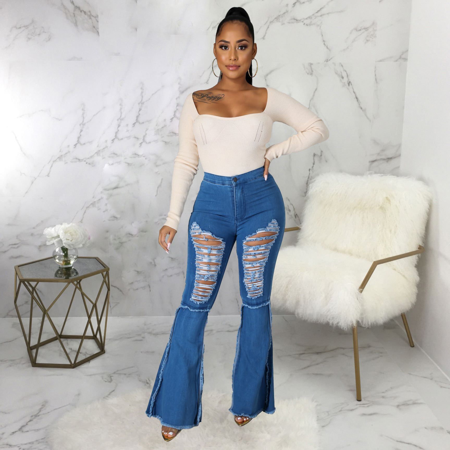 Stitching hole washed jeans flared pants