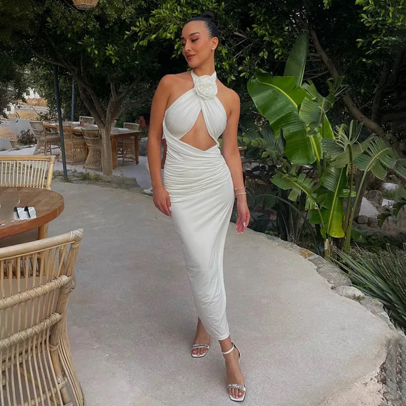 Sexy Flower Open Back Hanging Neck Strap Wrap Hip Dress