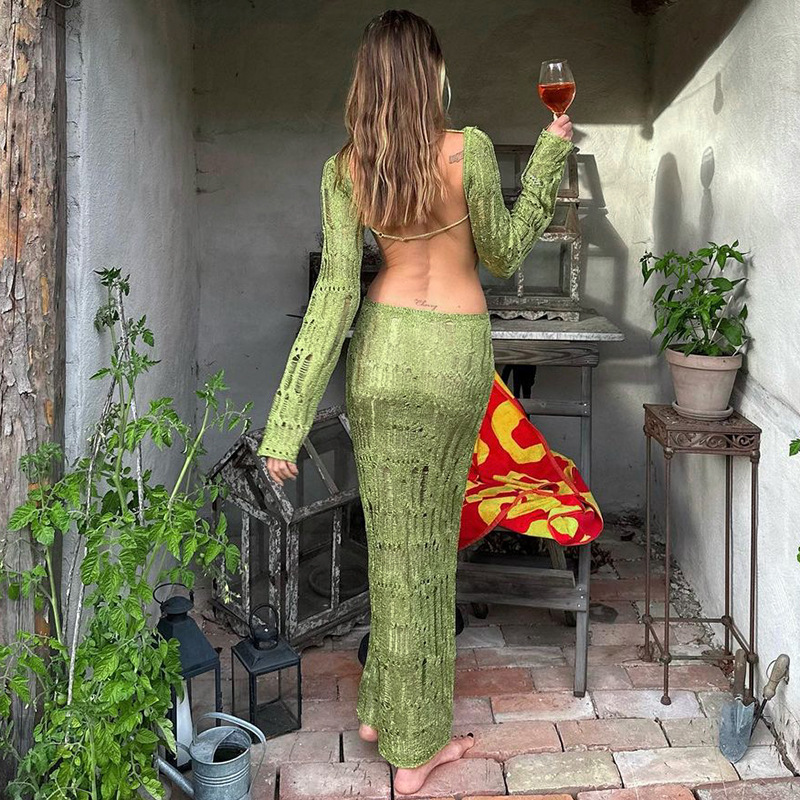 Sexy Backless Hollow Perspective Long-Sleeved Slim Temperament Long Wool Knit Dress For Women