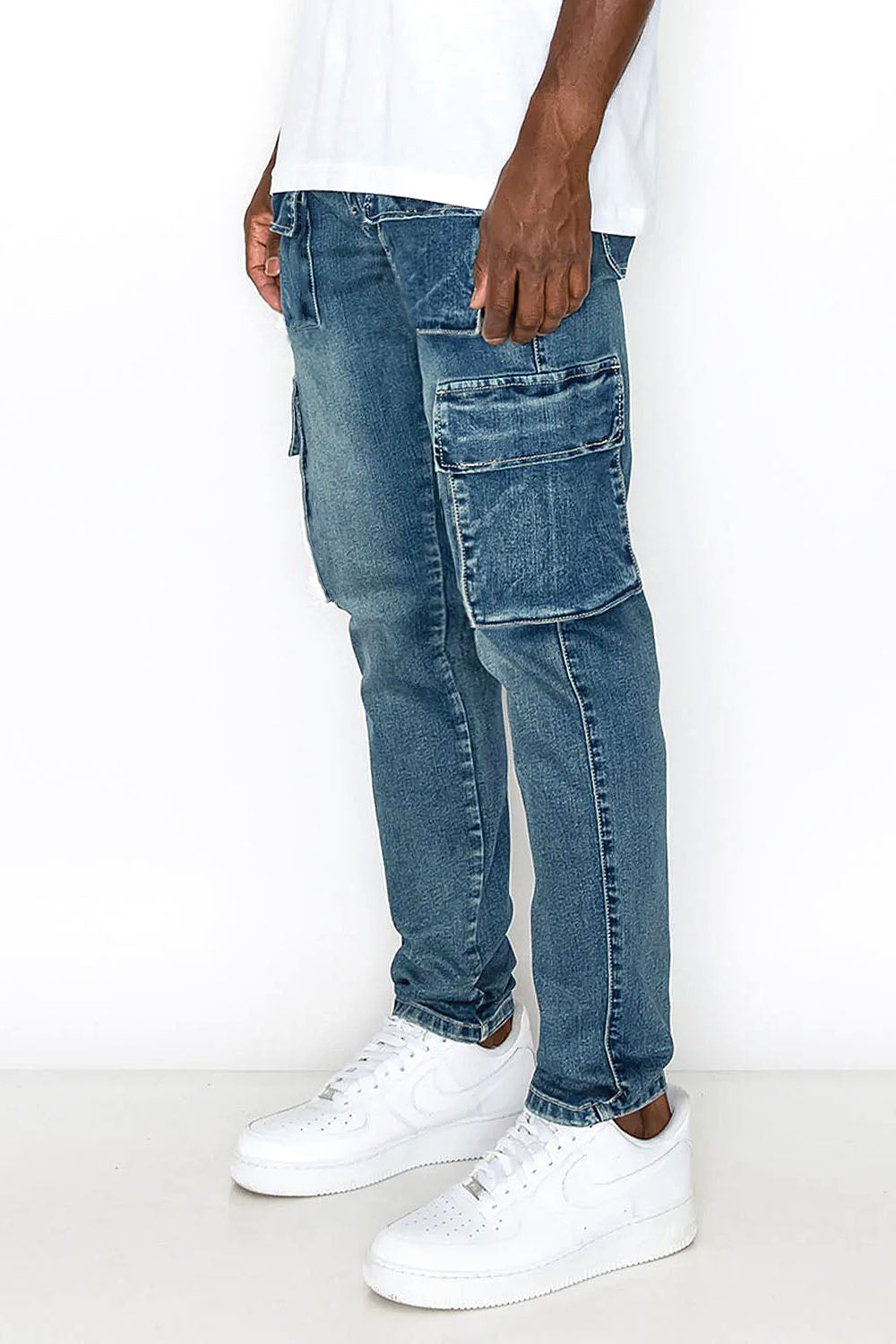 Fashion elastic side pocket jeans men's cargo pants