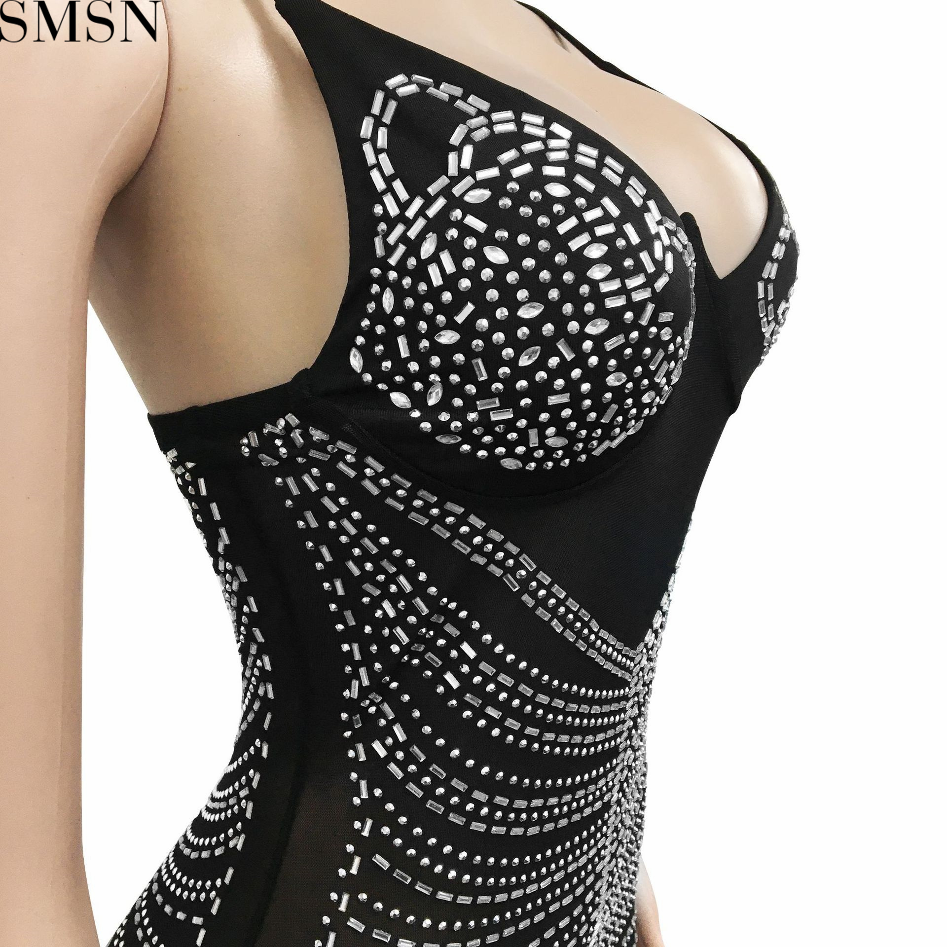 Plus Size Dress new hot rhinestone sexy spaghetti straps chest wrap mesh see-through maxi dress