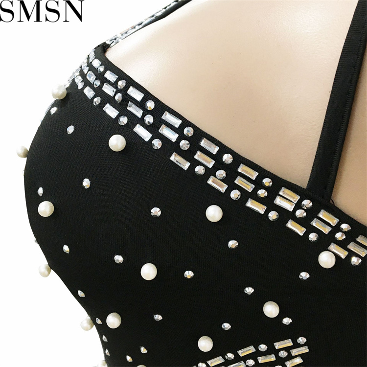 Casual Dress fashion sexy nightclub hot rhinestone diagonal collar mesh see through midi dress