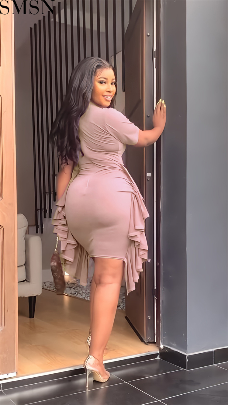 Plus Size Dress European and American AliExpress irregular ruffled slim pleated dress