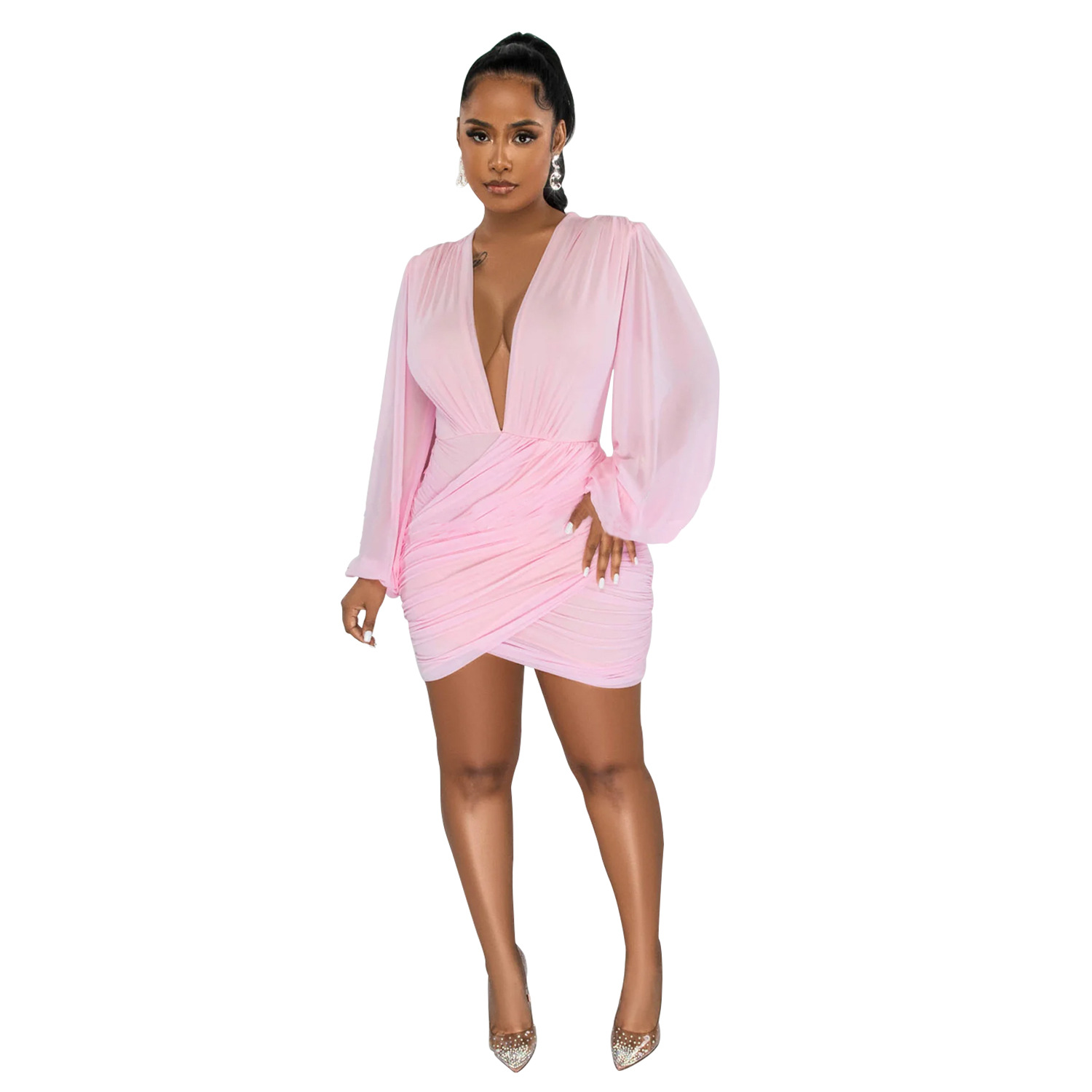 Women'S Solid Color Sexy V-Neck Long-Sleeved Pleated Dress