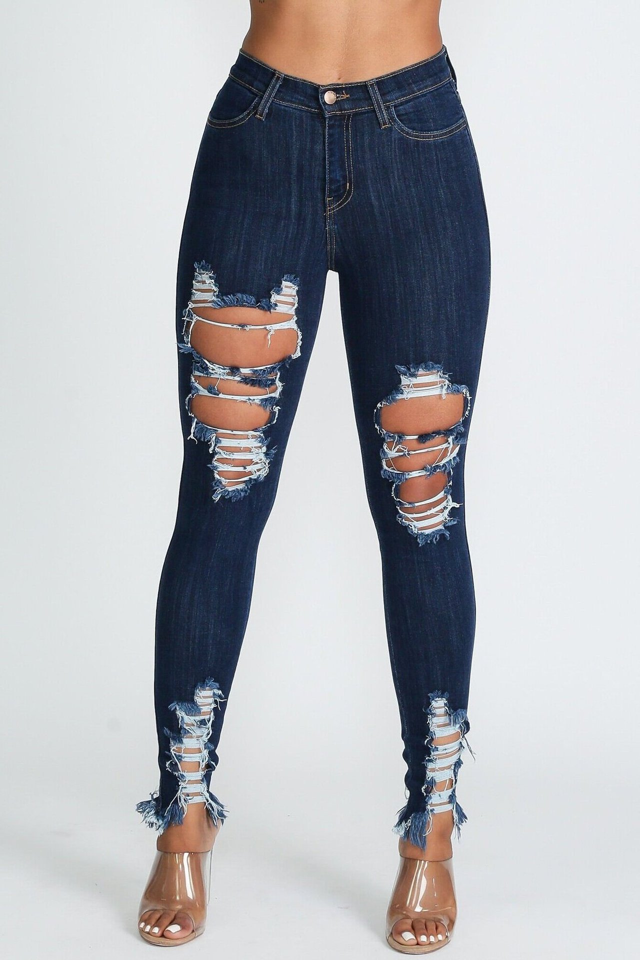 Oversized sexy high stretch perforated calf denim pants