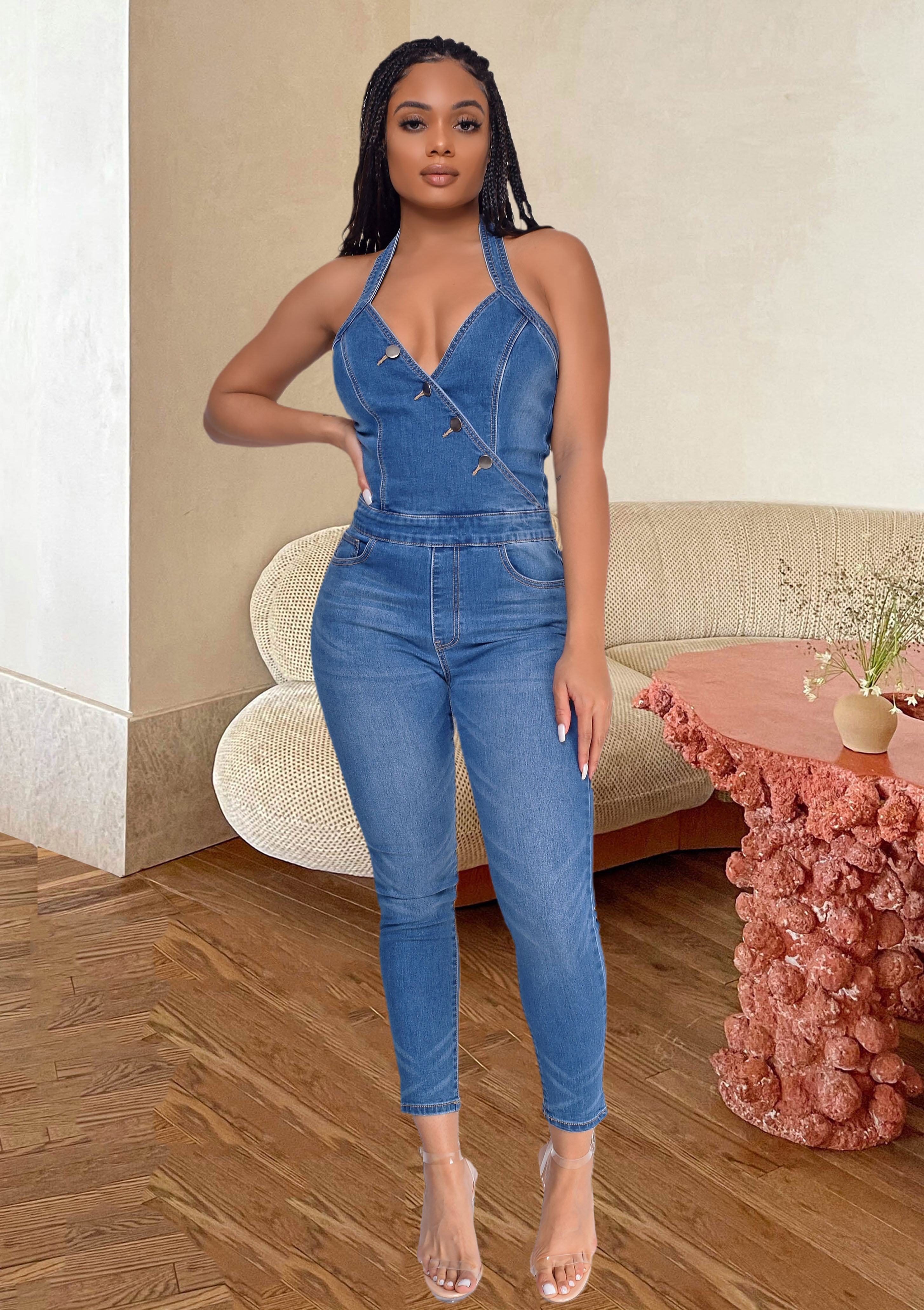 Denim slim neck Jumpsuit