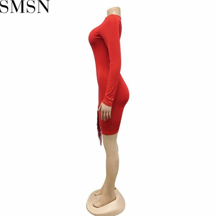 Plus Size Dress nightclubs rhinestone mesh see through sexy tassel hip wrapped mid length skirt dress