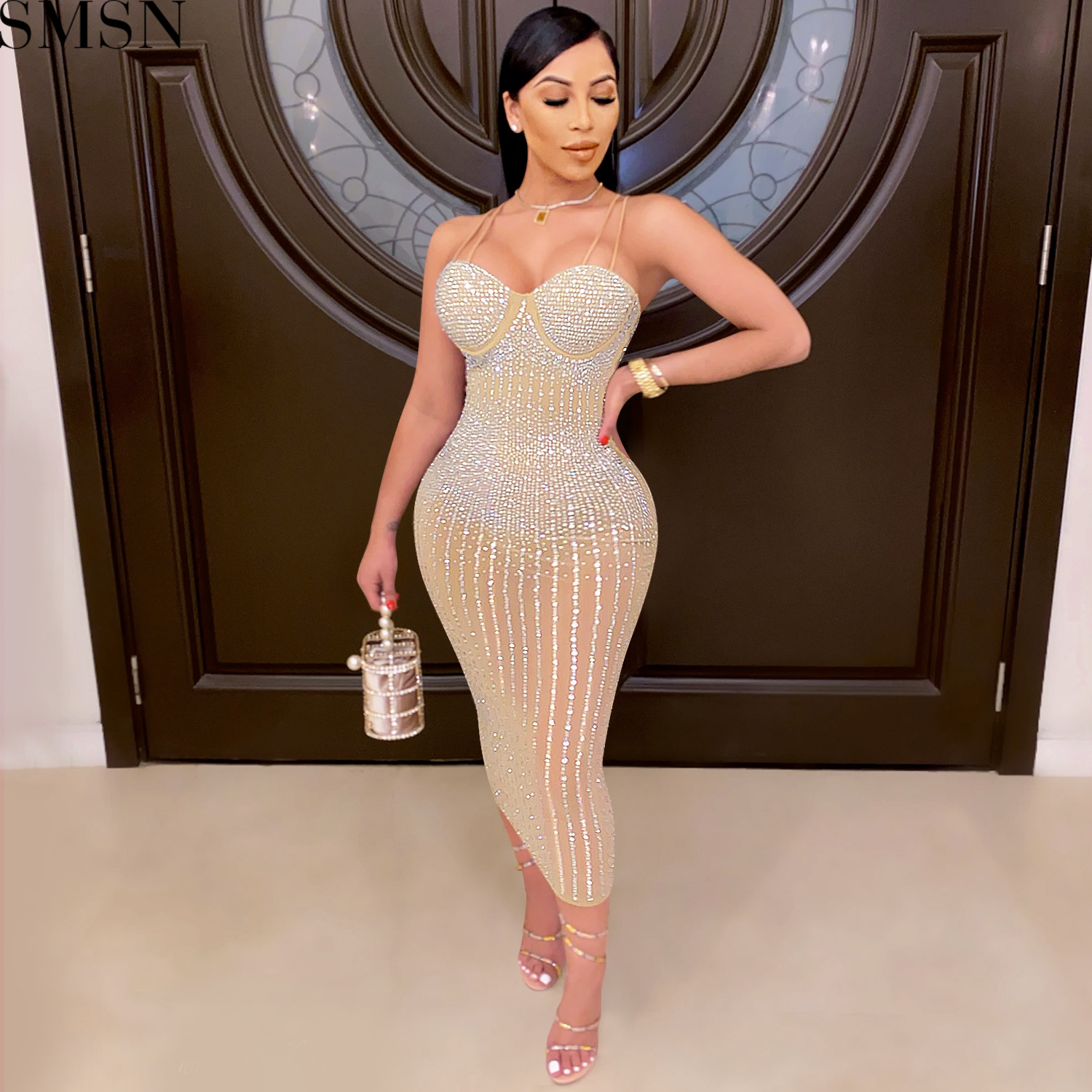 Fashion women's wear Party nightclub mesh see-through rhinestone Diamond strap dress plus size casual dress