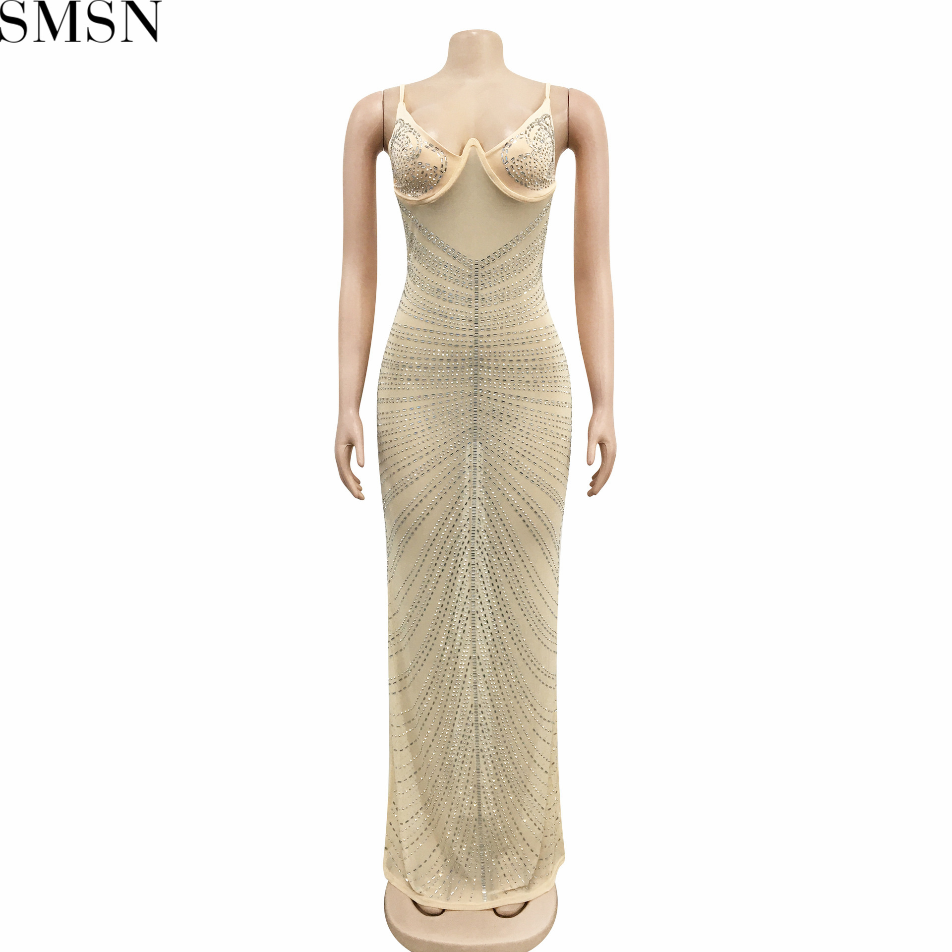 Plus Size Dress new hot rhinestone sexy spaghetti straps chest wrap mesh see-through maxi dress