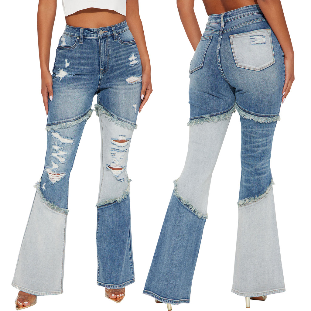 Sexy fashion versatile tassel hole stretch slim Bell-bottoms