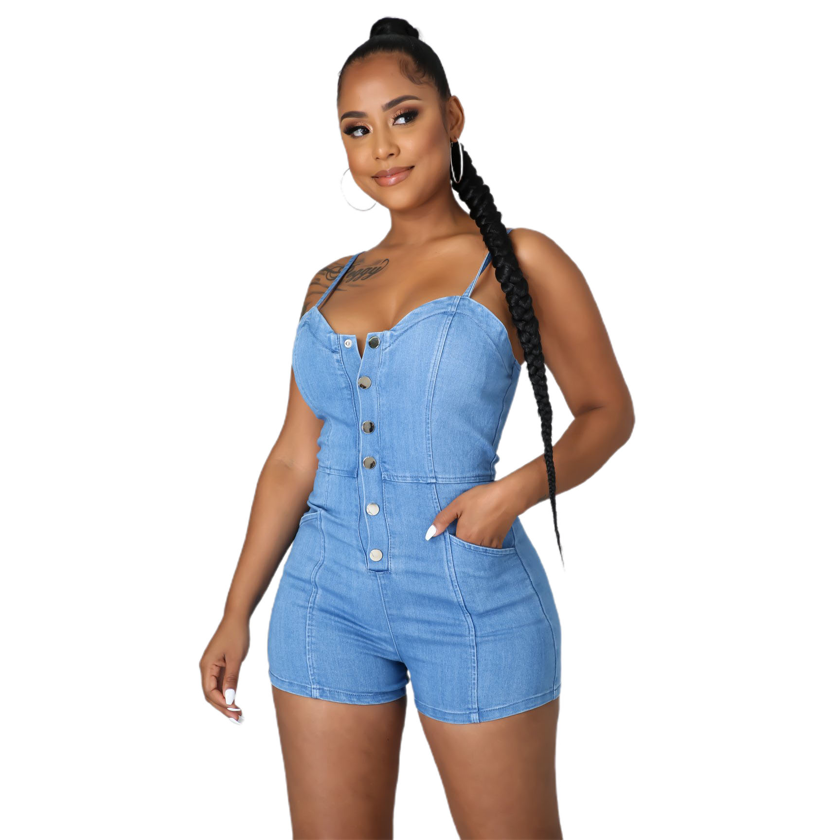 Casual high elastic denim suspender Jumpsuit