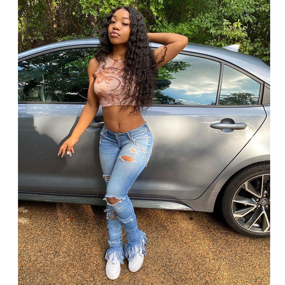 Hole flow comb pile pants jeans