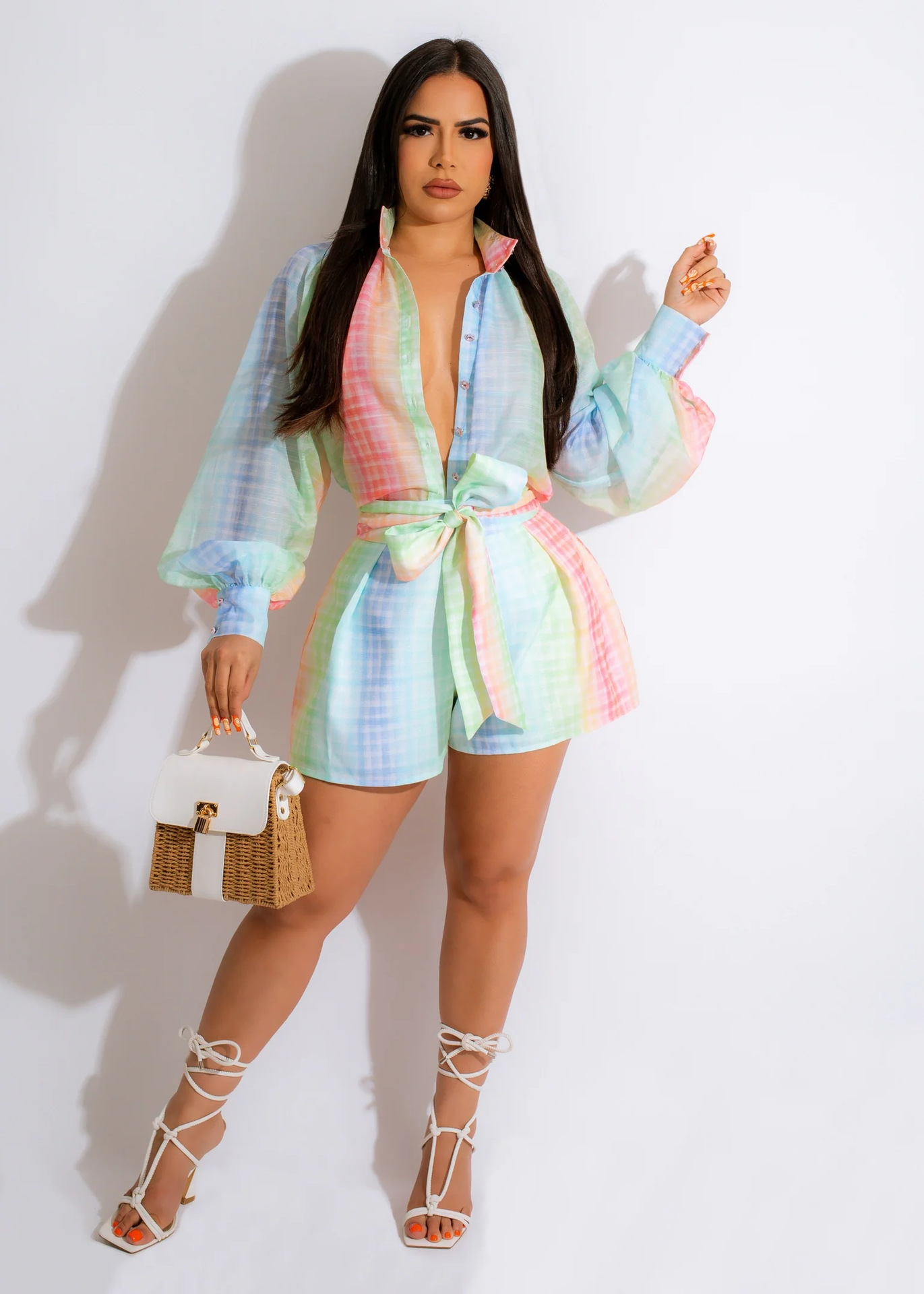 Sexy printed lantern sleeve jumpsuit shorts