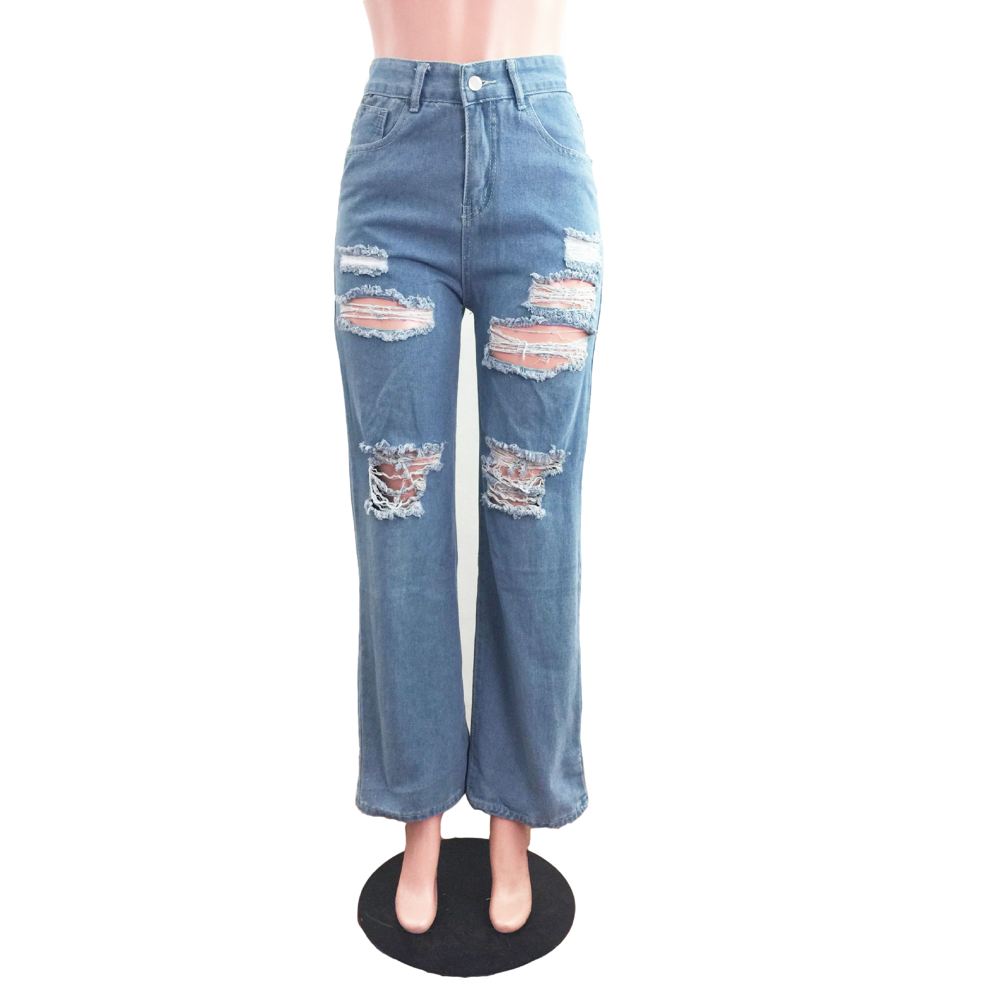 Casual loose High Waist Wide Leg Jeans with holes