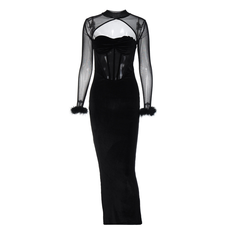Plush Mesh Stitching Sexy Nightclub Style Hollow Out Long Skirt Slim Dress
