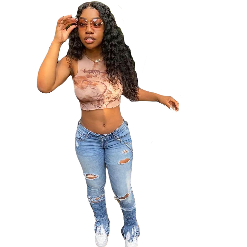 Hole flow comb pile pants jeans