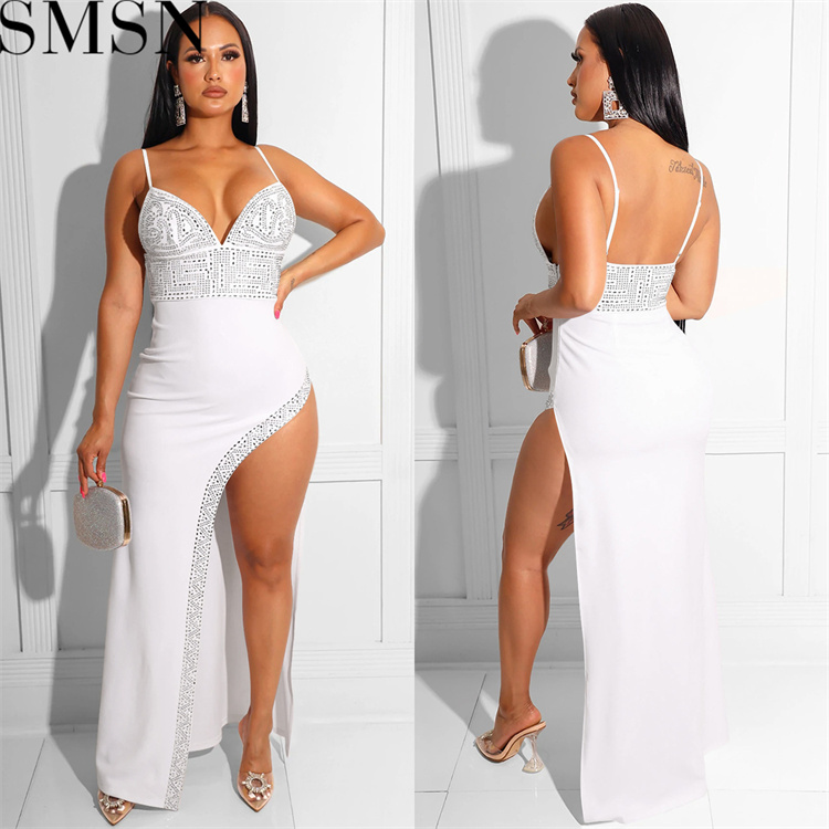 Fashion women dress Amazon new night club style rhinestone sexy strap irregular long dress