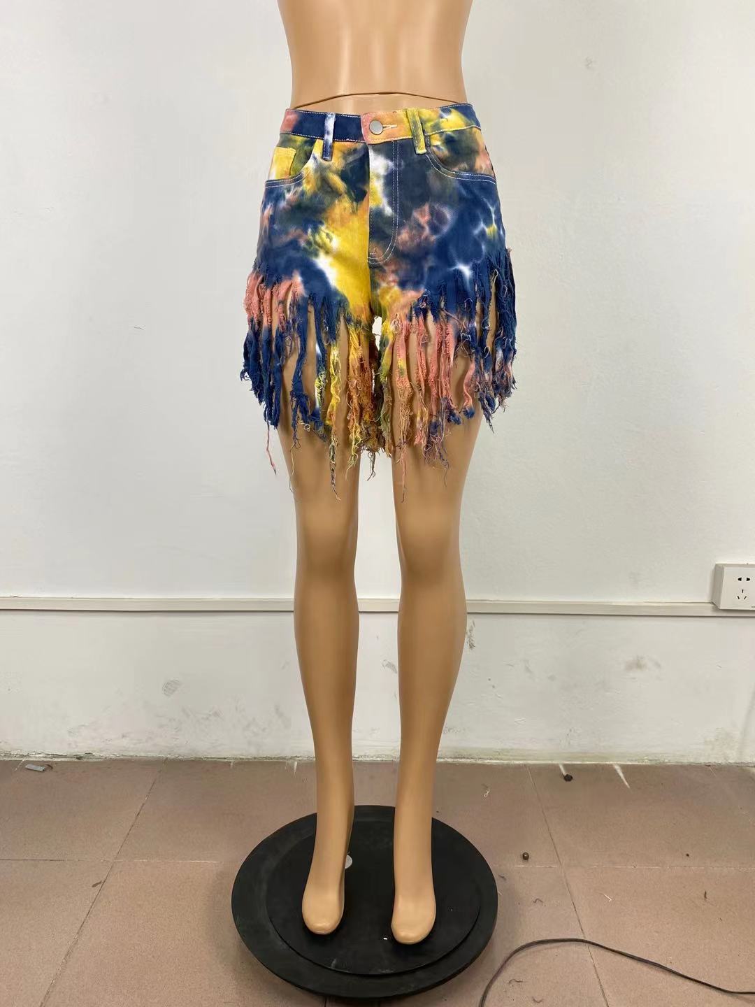 Tie dyed denim shorts with tassels