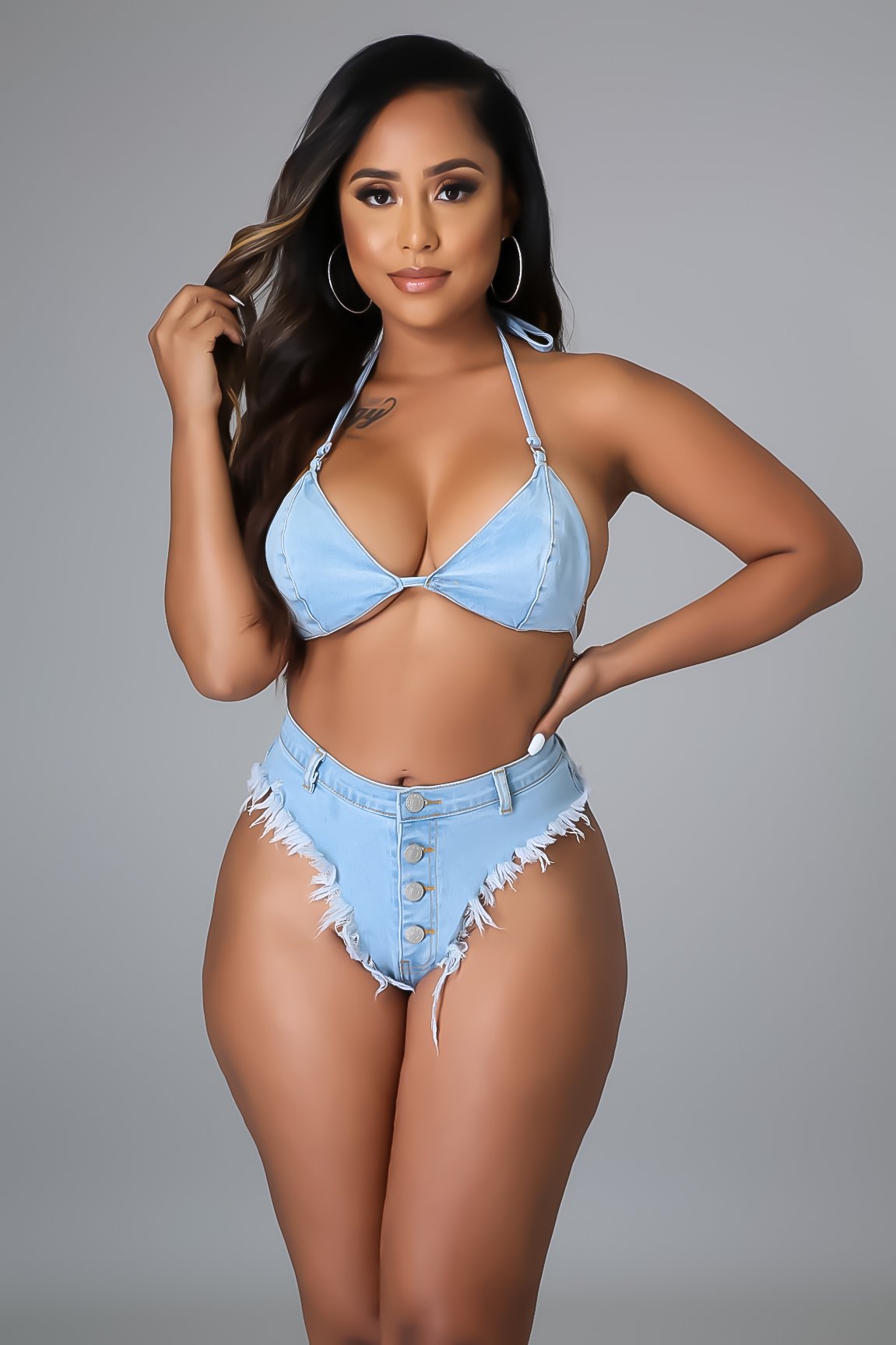 Bandage tassel sexy bikini denim suit