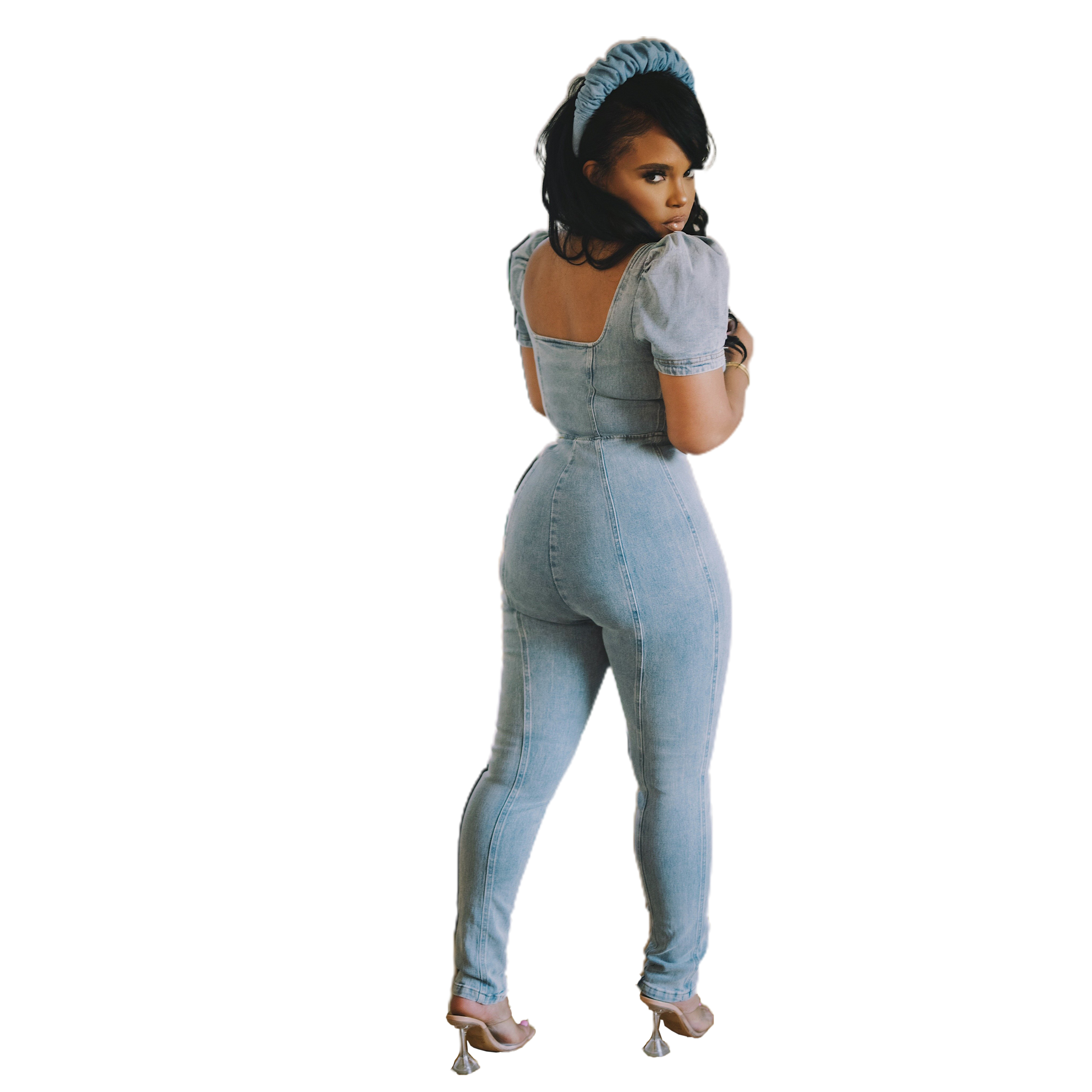 Fashion slim bubble sleeve Jumpsuit jeans