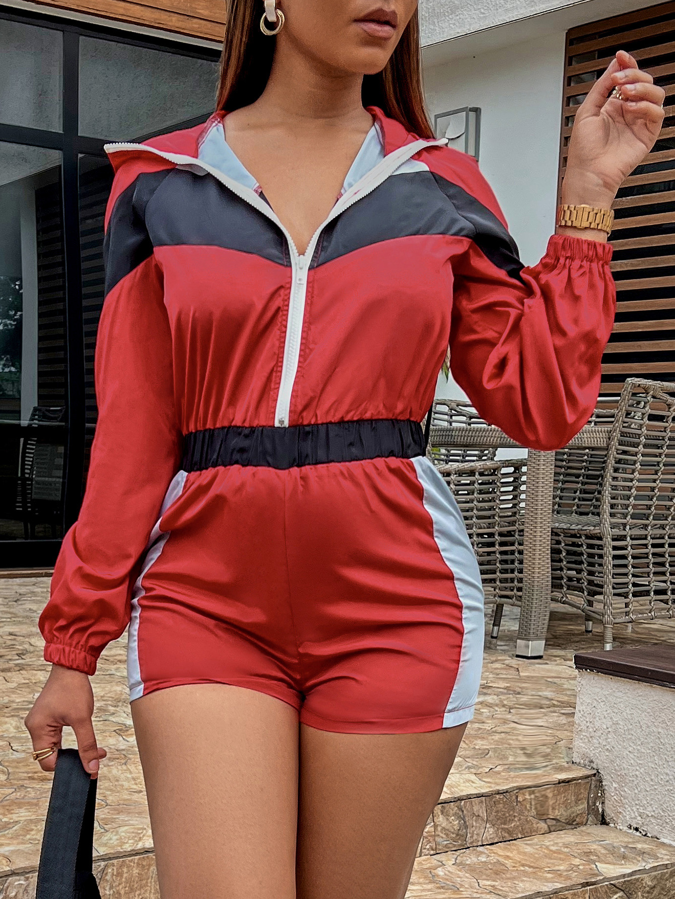 Casual multi panel zipper one-piece shorts