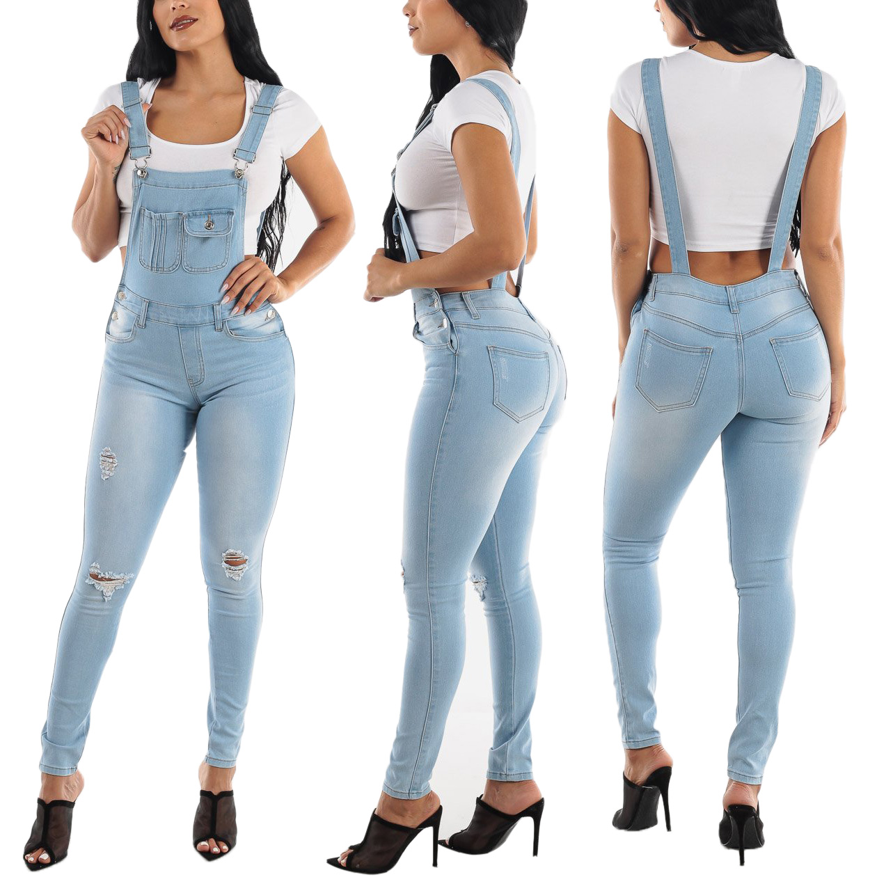 Holed jeans and suspenders