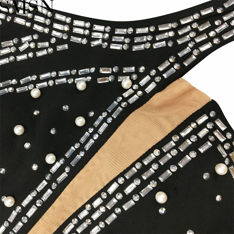 Casual Dress fashion sexy nightclub hot rhinestone diagonal collar mesh see through midi dress