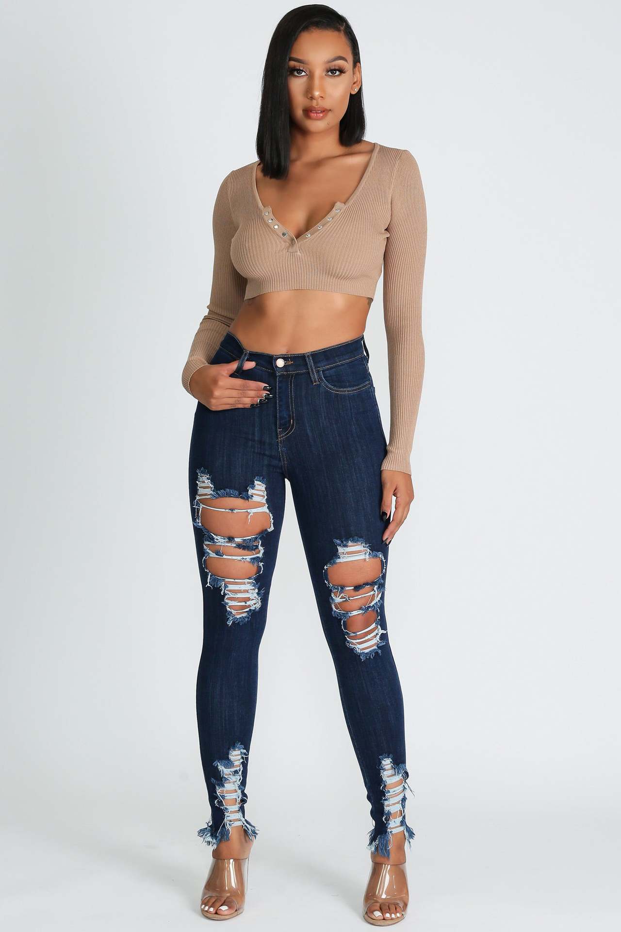 Oversized sexy high stretch perforated calf denim pants