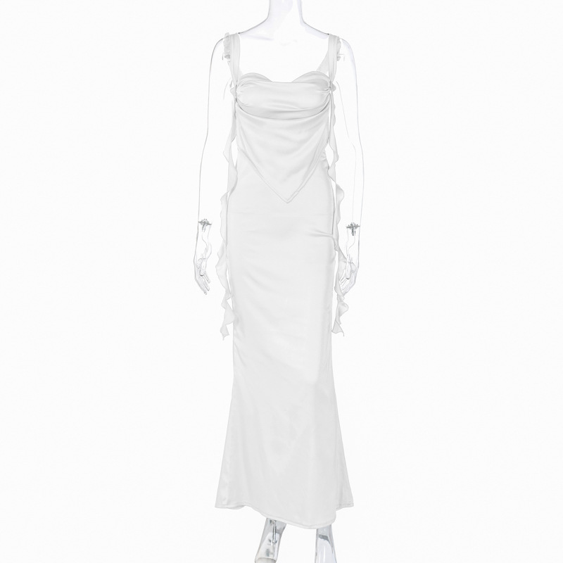 Ruffled Edge Streamed Suspender Backless Long Dress