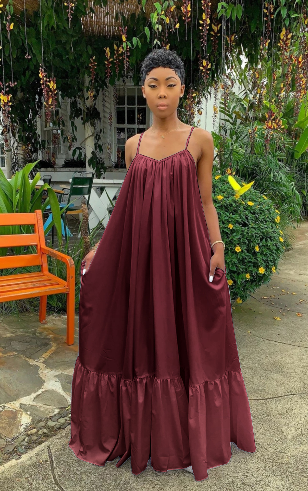 Sexy Slingless Sleeveless Solid Color Long Swing Dress