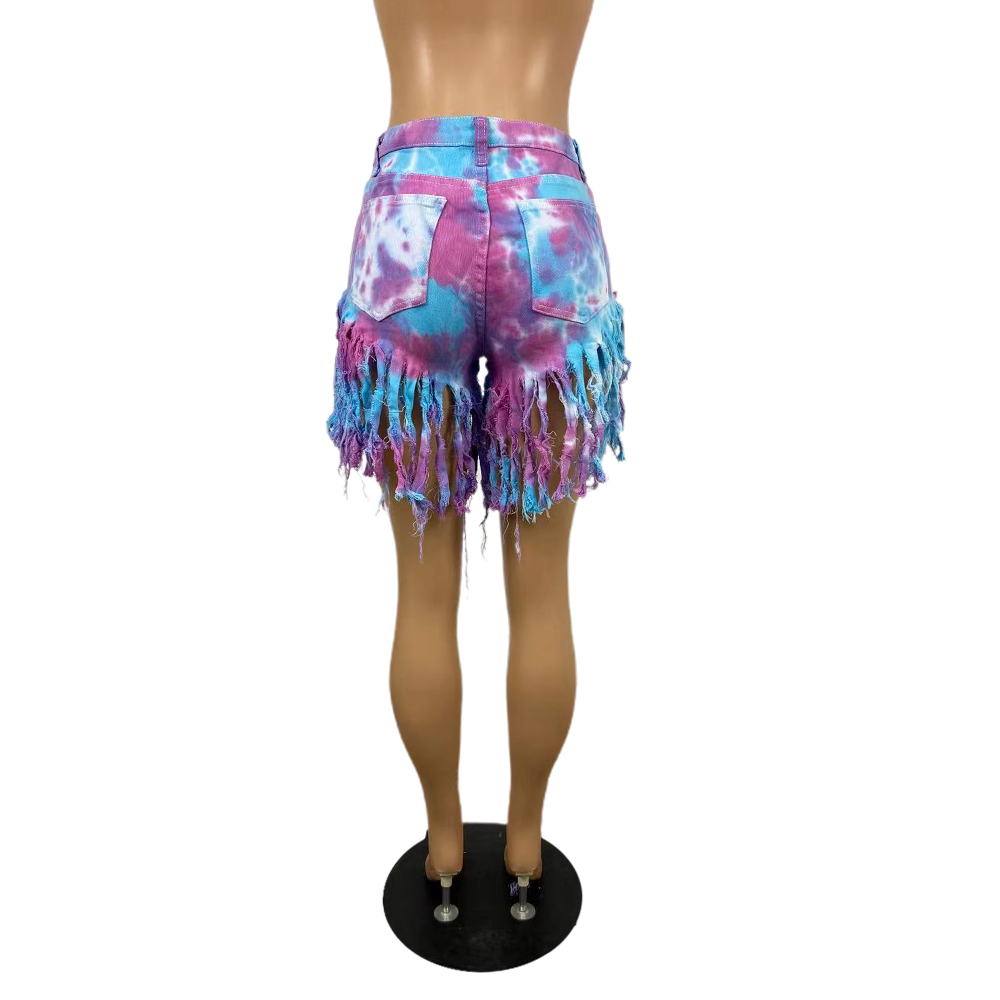 Tie dyed denim shorts with tassels