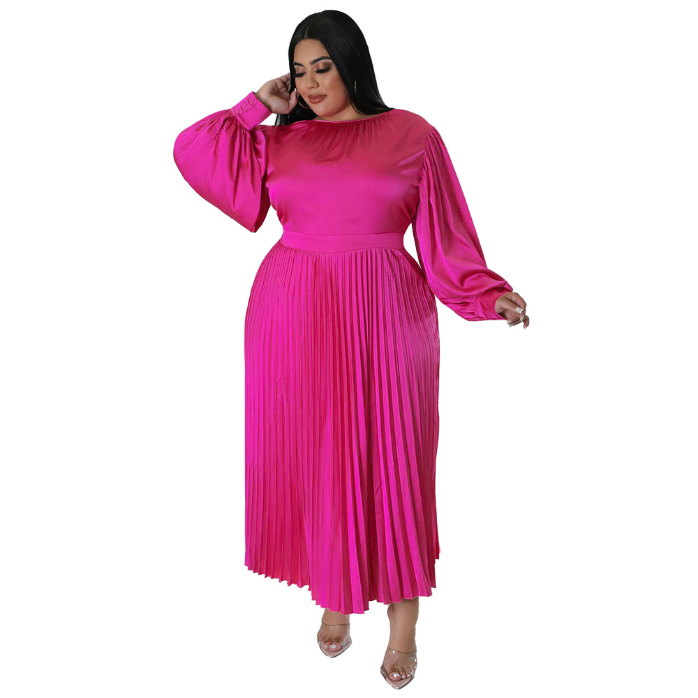 Plus Size Dress Amazon autumn and winter popular pleated round neck long dress long sleeve
