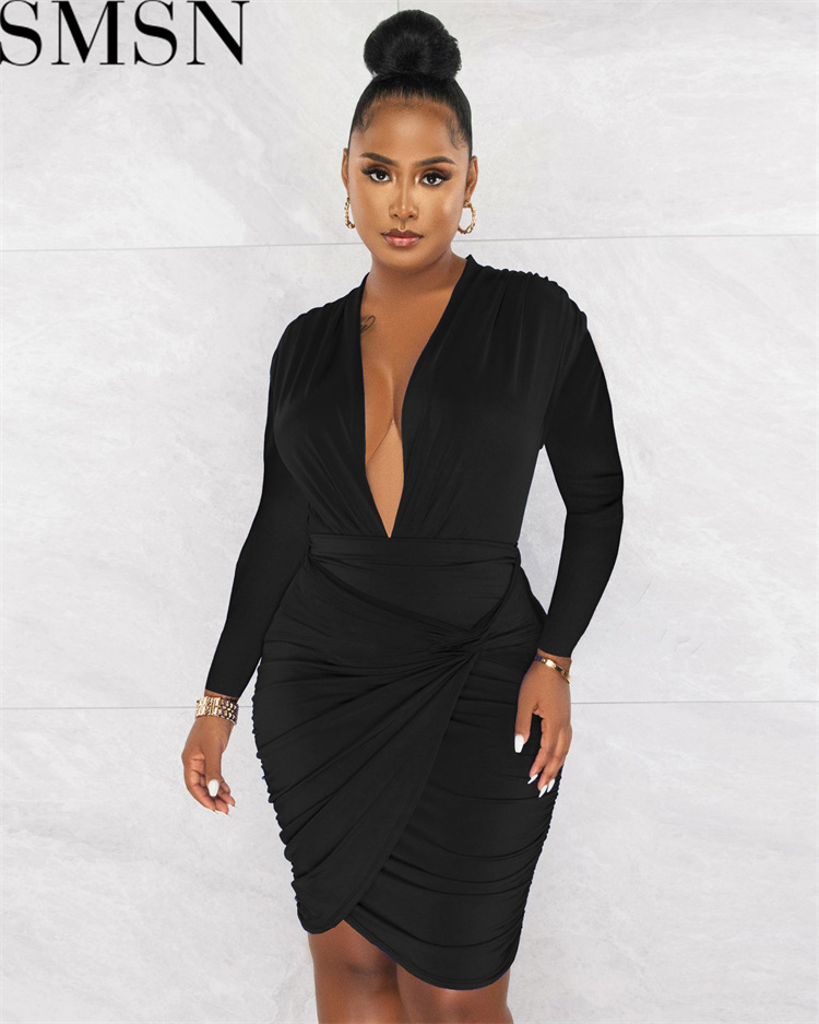 Plus Size Dress Amazon new autumn winter sexy deep V neck twist irregular long sleeve dress