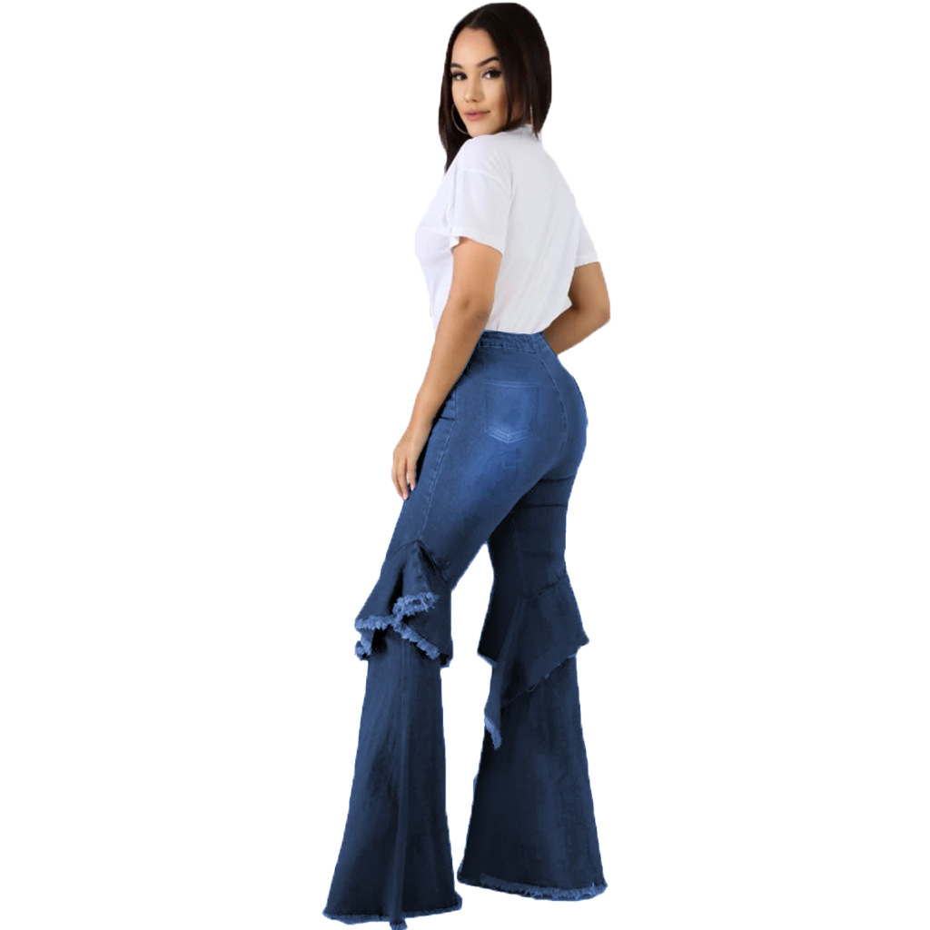 Fashion denim flared pants with hole stitching