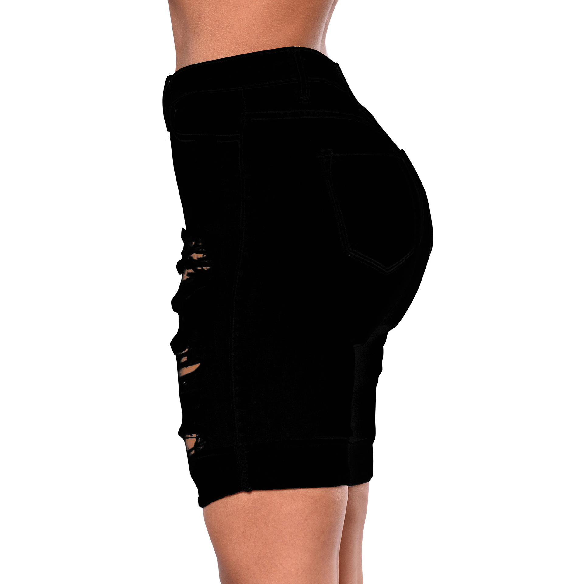 Fashionable water wash hole high waist jeans